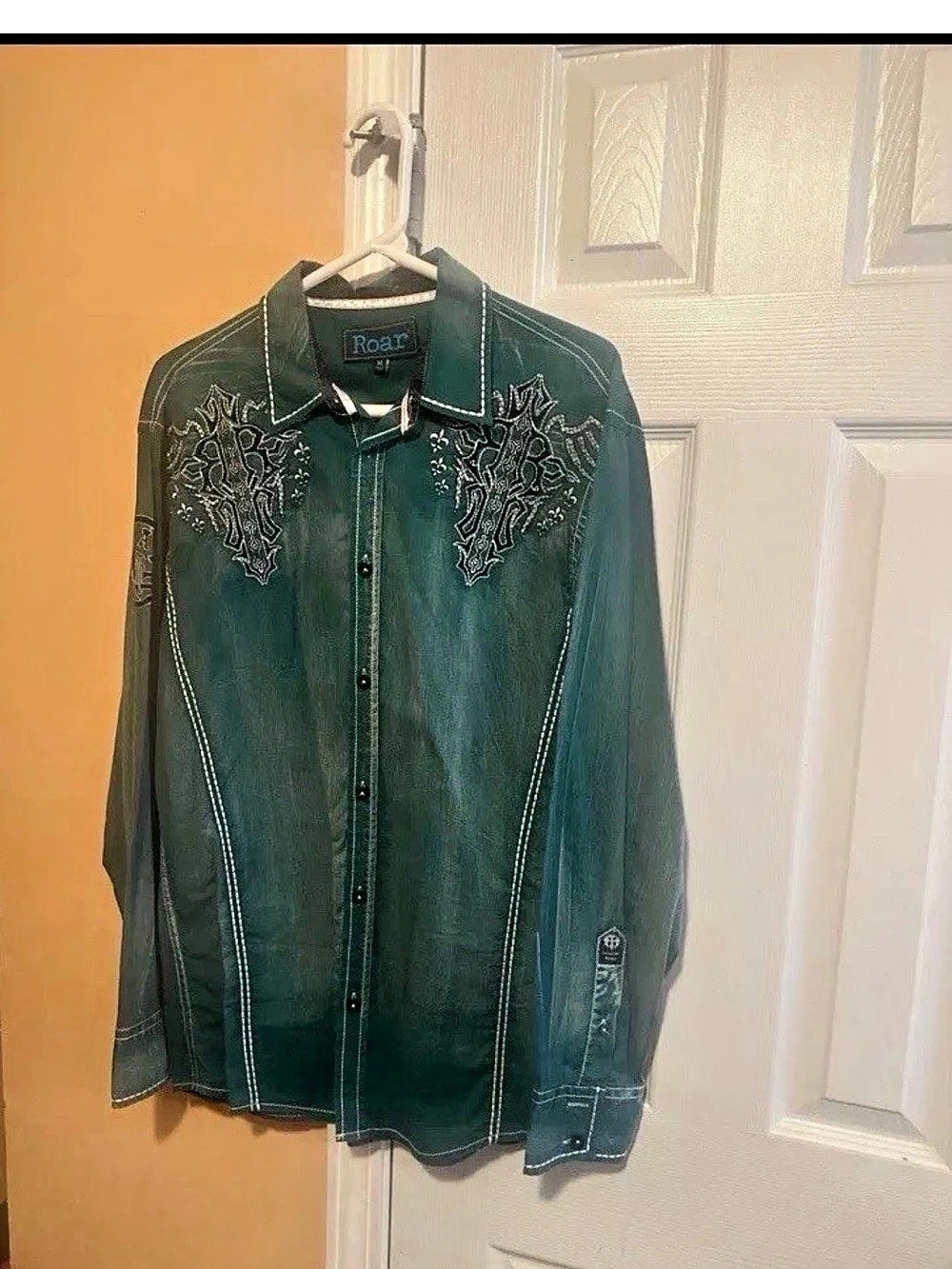 Roar Embroidered Western Shirt in Green Size Medium for men.